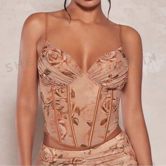 Tops - Floral Print Ruched Bustier Mesh Beige/Brown Corset Top size Medium US 6
